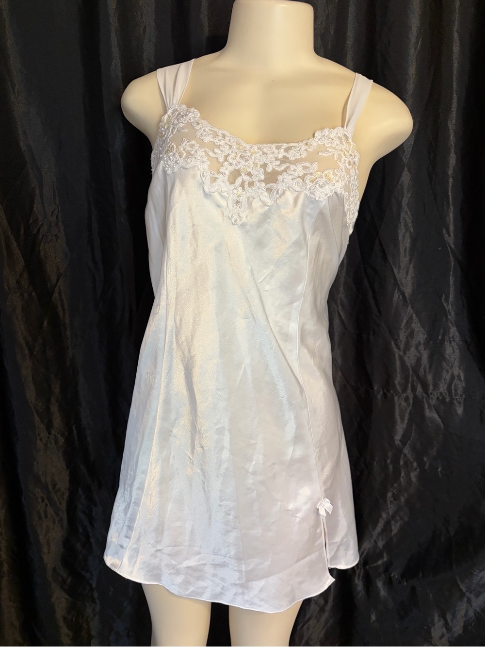 White Lace-Trim Satin Chemise Slip